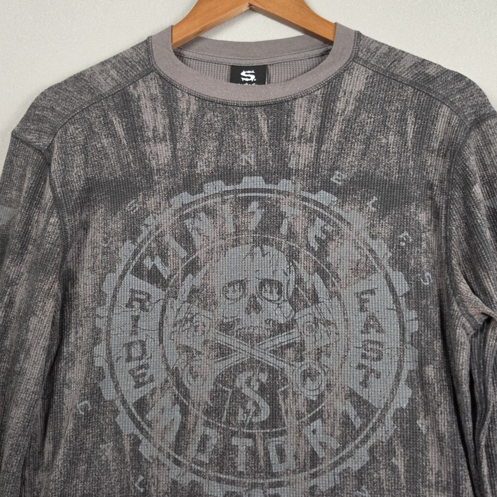 Sinister Brand Y2K Biker Skull Waffle Knit Thermal Long Sleeve Shirt Mens Small